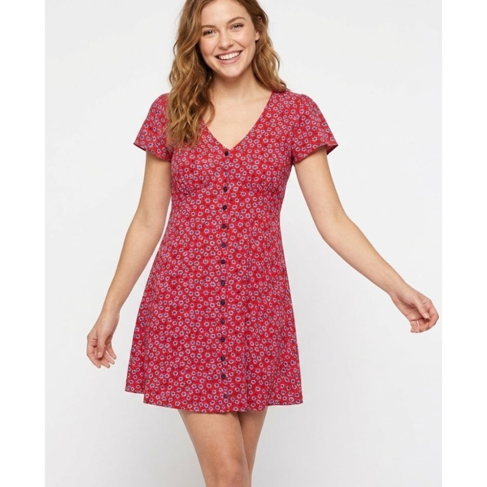New Mason & Belle size Small Red Blue Floral V Neck Button Mini Dress Feminine